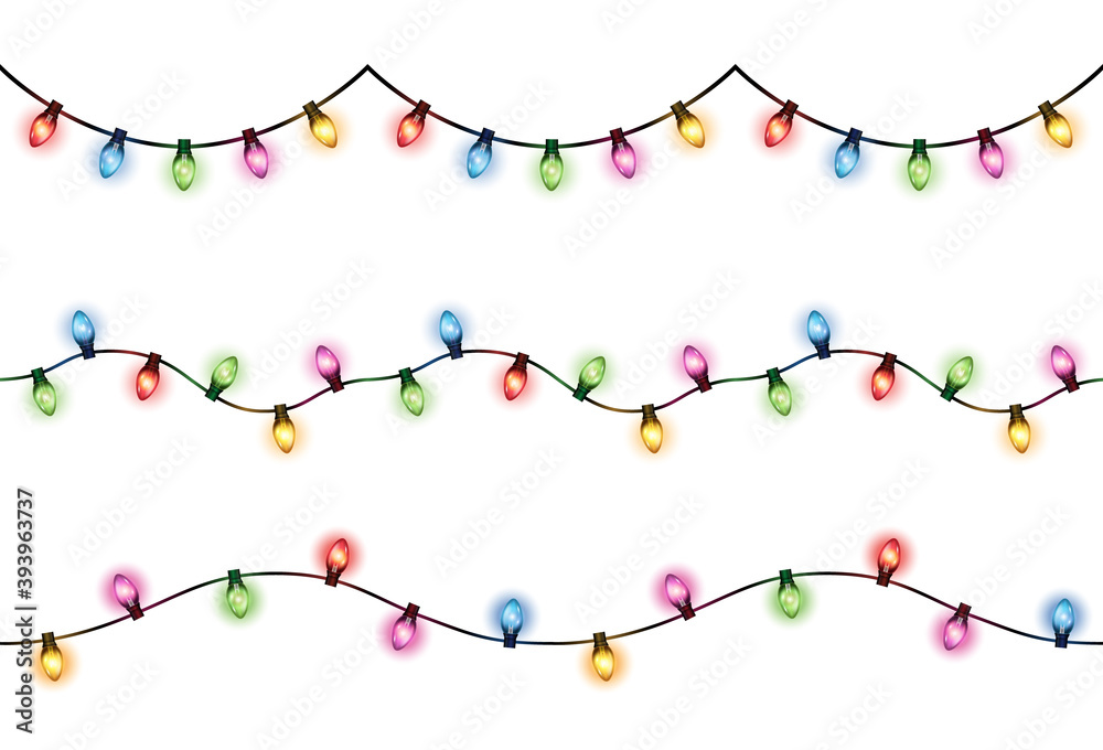 Vector set of realistic glowing colorful hanging christmas lights in seamless pattern on white background