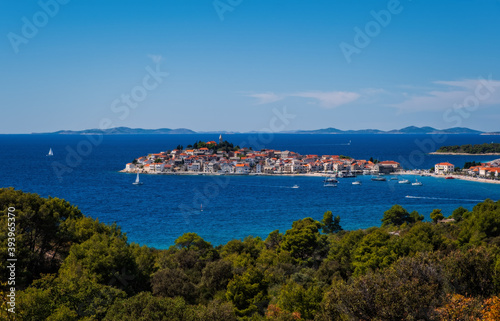 Town of Primosten dalmatian town on rock view, Dalmatia, Croatia. September 2020