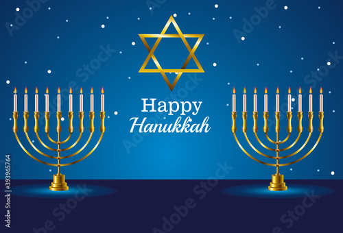 happy hanukkah celebration card with star and chandeliers