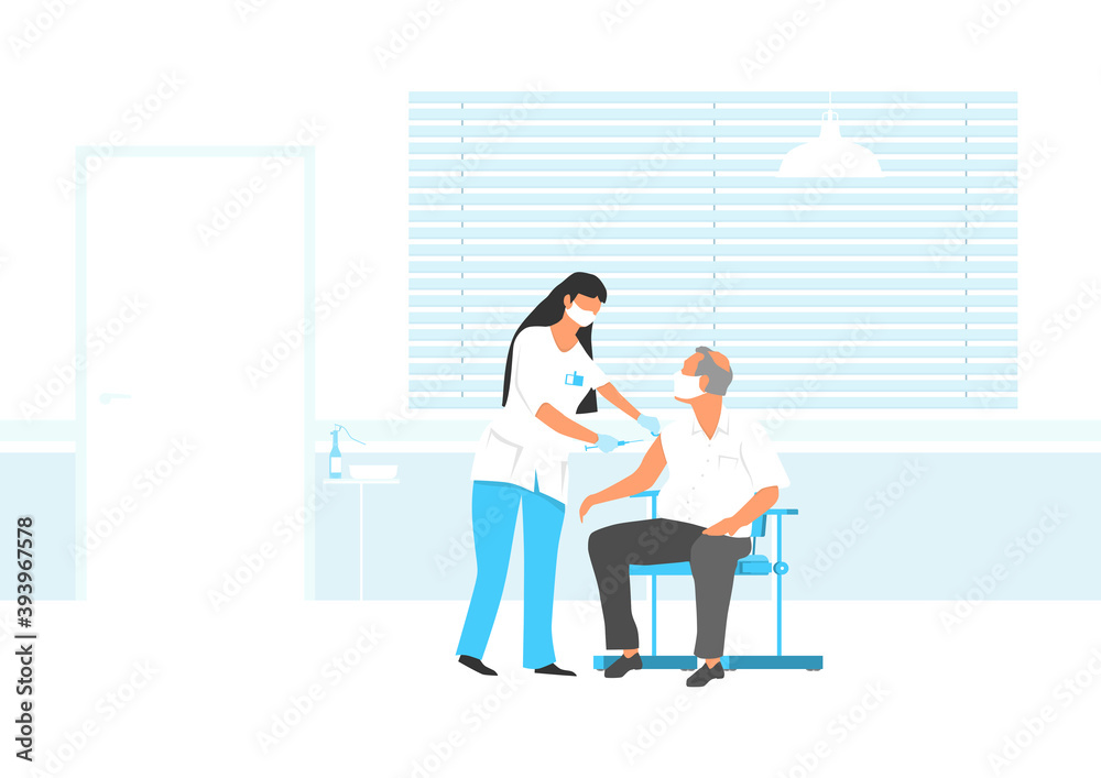 The nurse vaccinates the man in the doctor's office. The concept of health protection through preventive vaccinations. Flat vector illustration.