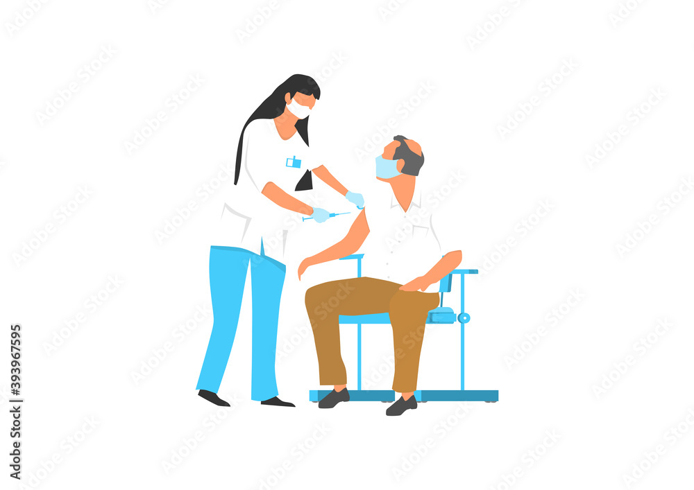 The nurse vaccinates the man in the doctor's office. The concept of health protection through preventive vaccinations. Flat vector illustration.