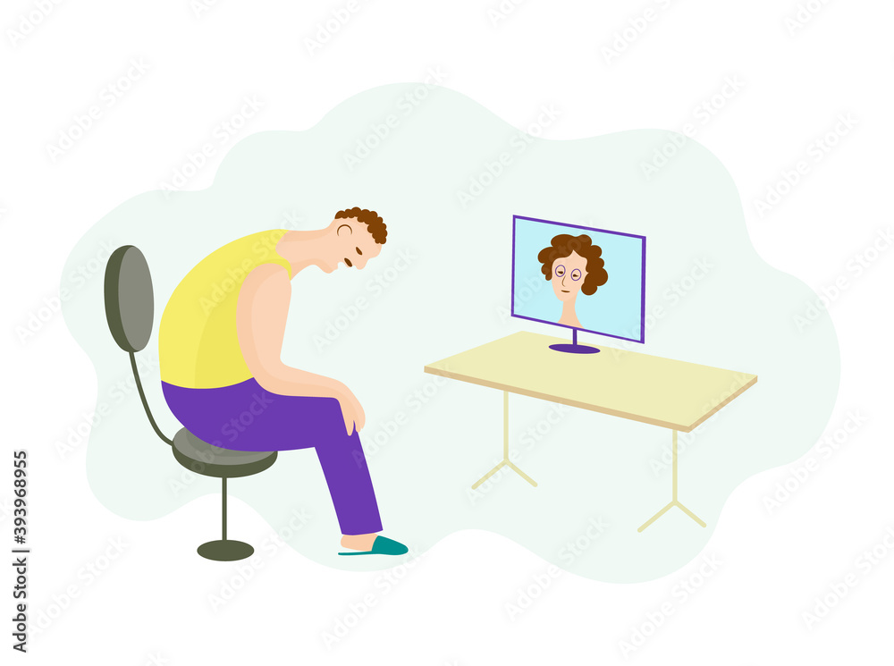 Online consultation. Man with problems and woman psychotherapist. Color vector illustration.