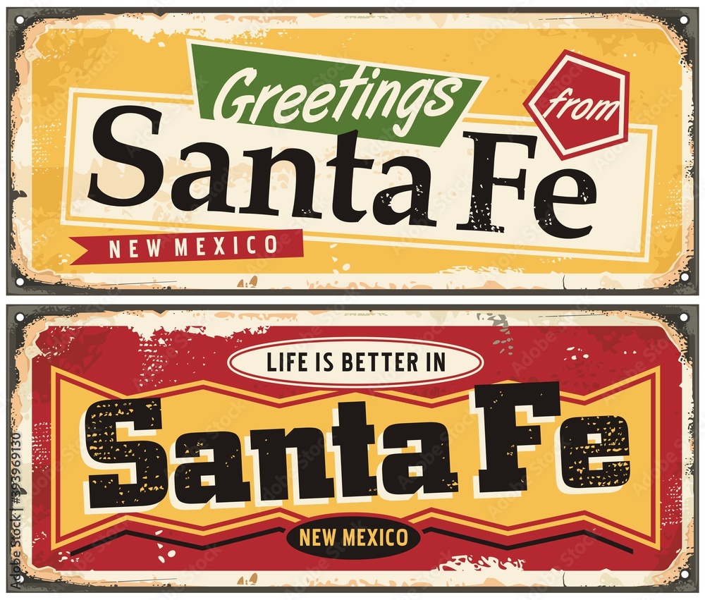 Fototapeta premium Santa Fe New Mexico vintage metal greeting cards template. Retro travel souvenir idea. Vector illustration with USA cities and places.