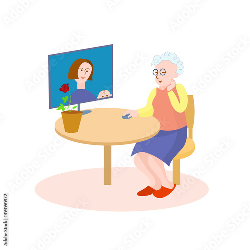 Grandmother and adult daughter and grandson are talking with Internet connection. Vector cartoon image. 