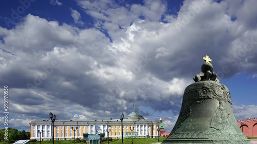 Tsar Bell against the moving clouds, Moscow Kremlin, Russia -- also known as the Tsarsky Kolokol, Tsar Kolokol III, or Royal Bell, is a 6.14 metres tall, 6.6 metres diameter bell on display on the gro photo