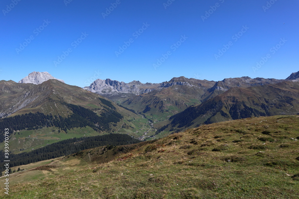 Luzein, Kanton Graubuenden (GR)/ Switzerland - September 21 2019: At the summit of mountain called 