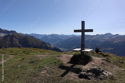 Luzein, Kanton Graubuenden (GR)/ Switzerland - September 21 2019: At the summit of mountain called 