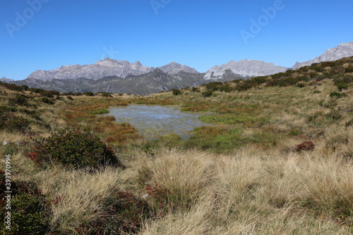 Luzein, Kanton Graubuenden (GR)/ Switzerland - September 21 2019: Mountain hiking tour in area Praettigau, Graubuenden photo