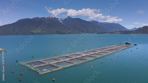 Aerial salmon farms at Reloncavi marine strait at Llanquihue National Park, Chile, South America.