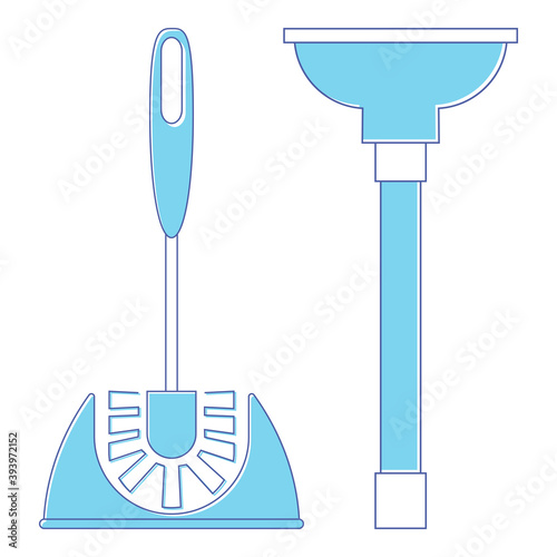 Toilet brush and plunger. Brush and plunger in blue color. Used when bathroom dirty and sink clogged. Instrument for cleaning toilets. Toilet cleaning icon. Vector