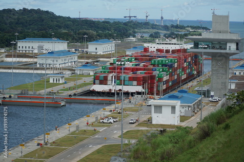 Gatun / Panama - October 19 2016: New sliding locks in the Panama canal - Clear Water sluices "Esclusas de Agua Clara" located at town Gatun