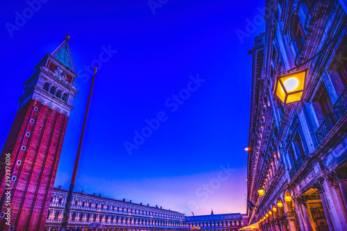 Evening Lights Campanile Bell Tower Saint Mark's Square Piazza Venice Italy photo