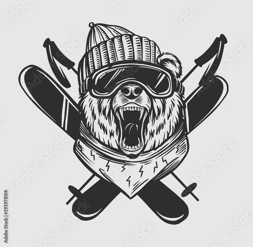 Bear skier. Snowboard. Ski resort emblem, print design