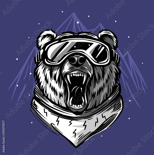 Bear skier. Snowboard. Ski resort emblem, print design