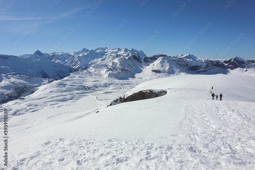 Melchsee-Frutt / Switzerland - February 24 2019 - Picture from snowshoe hike in the area of Ski-resort Melchsee-Frutt in central Switzerland