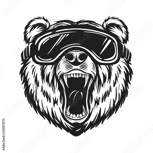 Bear skier. Snowboard. Ski resort emblem, print design