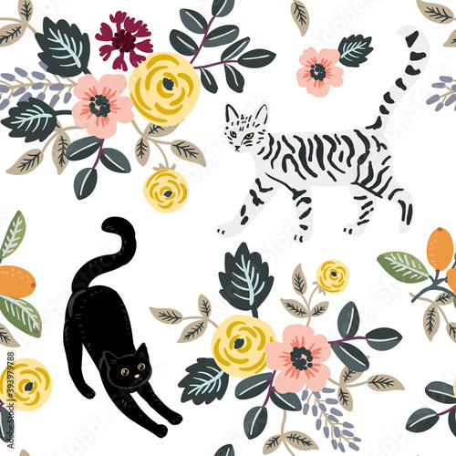 Cute cats and floral bouquets on the white background. Vector seamless pattern. Pets and flowers. Nature print. Summer illustration with domestic animals