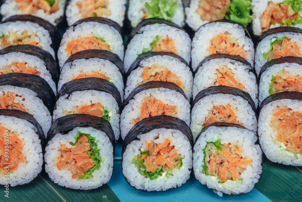 Close up on a slices of sushi food Close up on a slices of sushi food