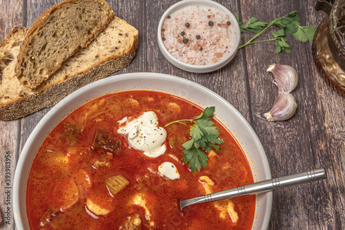 Hungarian traditional goulash, bableves close up. Top view.  photo