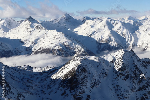Zermatt, Kanton Wallis (VS)/ Switzerland - January 06 2019: aerial view towards Swiss mountains in the area of Zermatt
