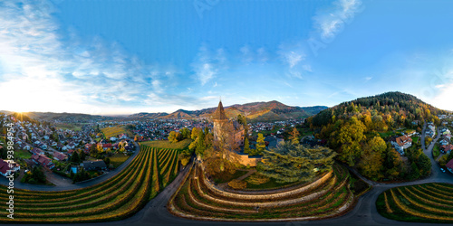 Colorful landscape 360-degree panoramic aerial view of little village Kappelrodeck in Black Forest mountains. Beautiful medieval castle Burg Rodeck.