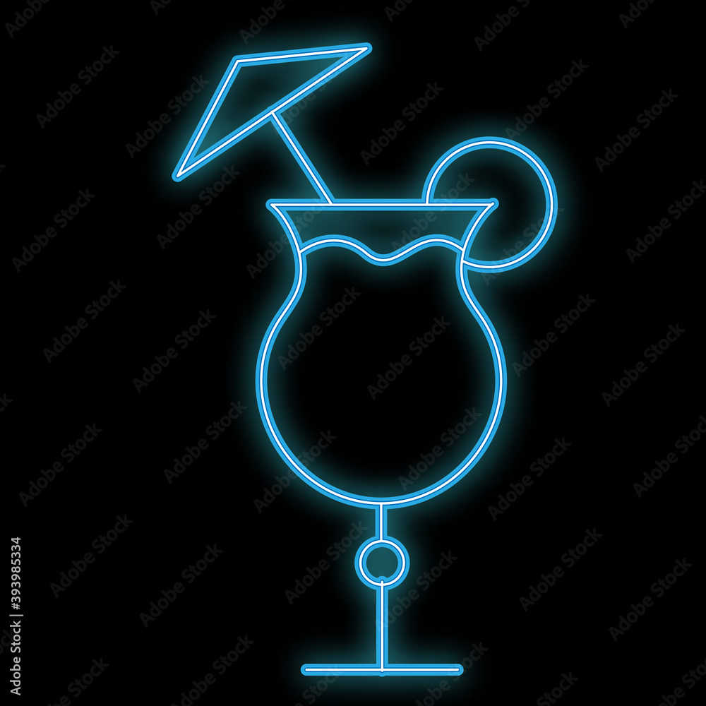 A simple abstract neon bright glowing glowing blue icon, a signboard for a bar from an alcoholic cocktail in a glass with an umbrella and copy space on a black background. illustration A simple abstract neon bright glowing glowing blue icon, a signboard for a bar from an alcoholic cocktail in a glass with an umbrella and copy space on a black background. illustration