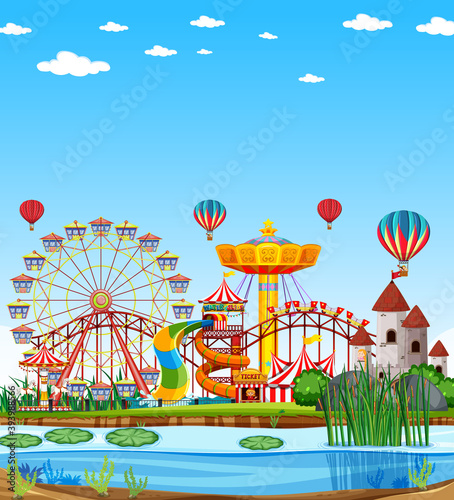 Amusement park with swamp scene at daytime with blank bright blue sky