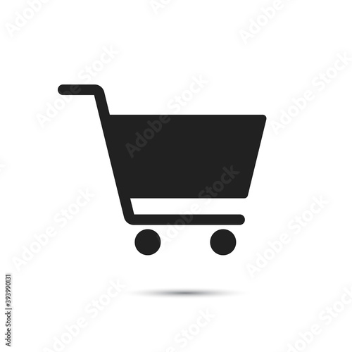 Shop cart vector icon. Add / buy or purchase UI button. Trolley symbol for online shopping basket. Web store app symbol. Black solid flat pictogram for grocery eshop. Empty internet product order V1