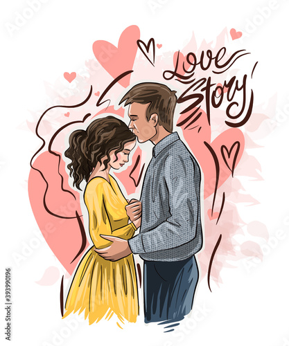 Love story print with a lover couple. Romantic poster, Love you card or wedding invitation.Editable vector illustration EPS 10