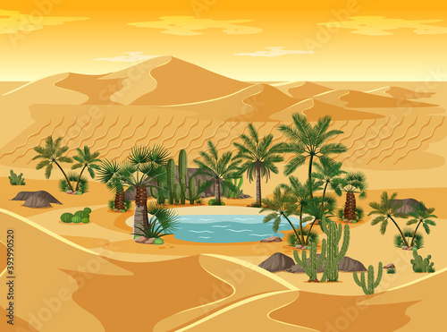 Desert oasis with palms nature landscape scene