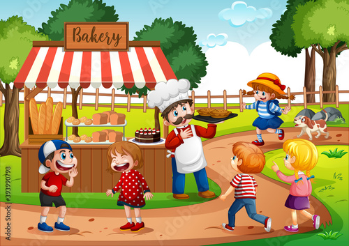 Front of bakery shop with baker in the park scene