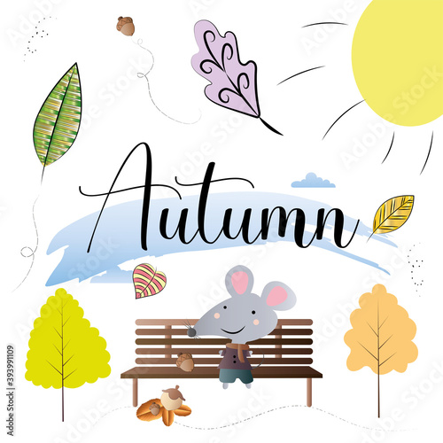 Mouse cartoon on a bench. Autumn season - Vector