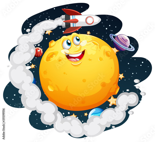 Moon with happy face on space galaxy theme on white background