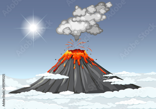 Volcano eruption in the sky with clouds scene at daytime