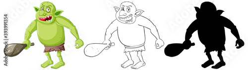 Goblin or troll holding hunting tool in color and outline and silhouette in cartoon character on white background