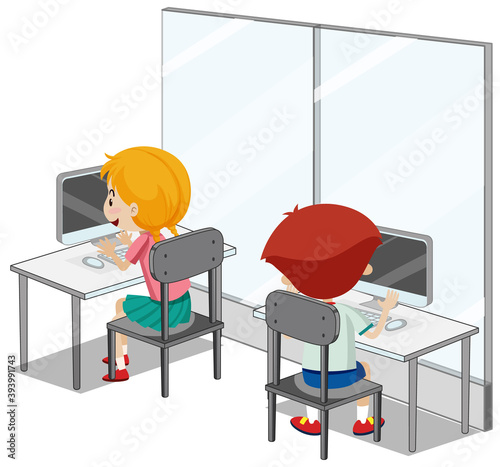 Students with computer classroom elements on white background