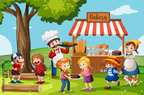 Front of bakery shop with baker in the park scene