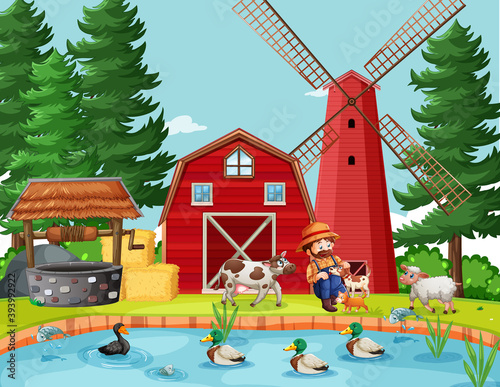Old MacDonald in the farm with barn and windmill scene