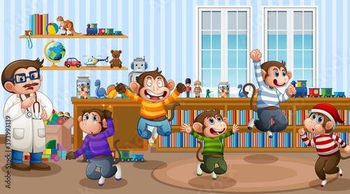 Five little monkeys jumping in the room scene with a doctor
