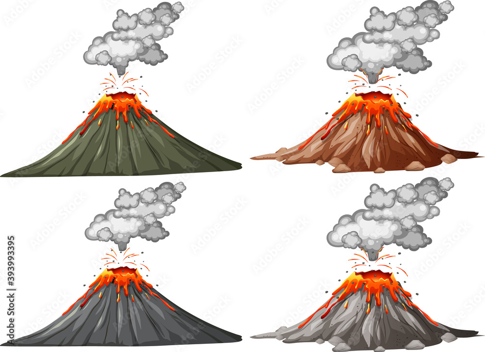 Four types of volcano eruption isolated on white background - obrazy, fototapety, plakaty 