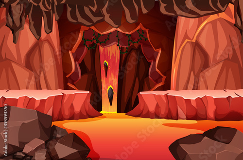 Infernal dark cave with lava scene