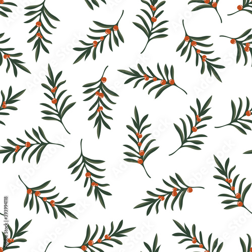 Christmas seamless pattern with twigs and berries on white. Holiday floral background.
