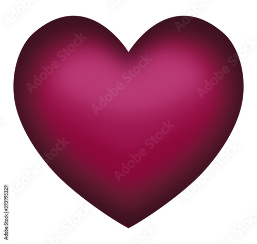 Vectorial isolated heart in gradient wine red garnet color, volume heart shape on white background, vector symbol of love, icon and design element.	