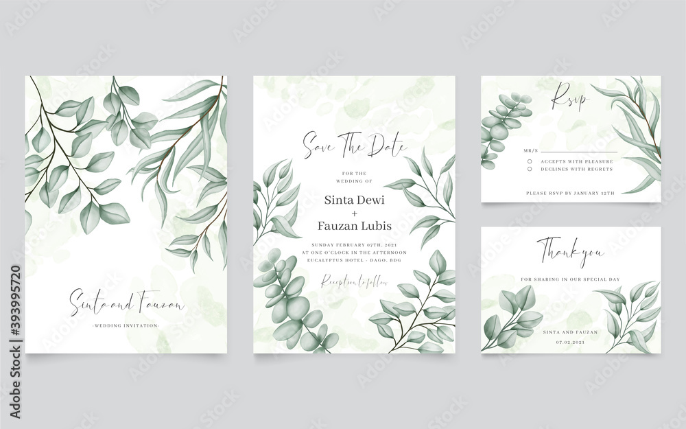 Greenery wedding invitation with eucalyptus leaves background
