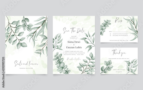 Greenery wedding invitation with eucalyptus leaves background