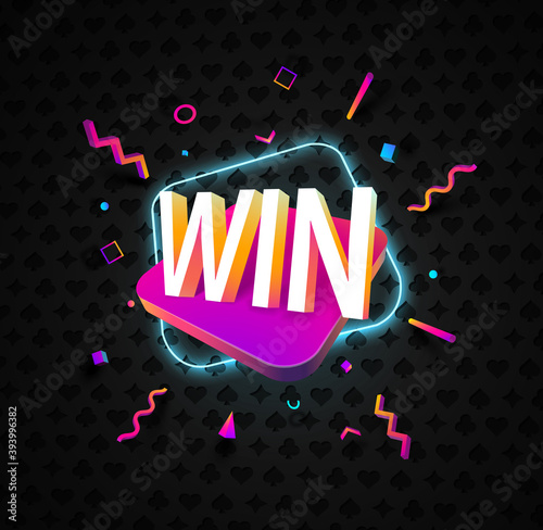 WIN word with 3d vibrant shape and neon light effect on dark background. Vector isolated design elements for gambling 