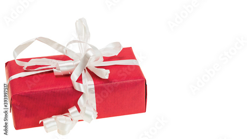 Close up view of pink present box isolated on white background. Holidays concept.