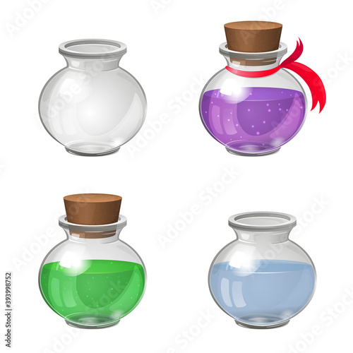 Set of glass bottles. Empty transparent glass jar. Glass pot with water. Bottles with green and purple liquid, bunges and red ribbon.
