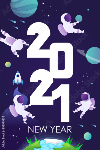 2021 new year. Astronauts in space, planets, sky, rocket. Vertical space template with numbers for greeting cards, clendars, covers, greetings and invitations. Vector child cartoon illustration.