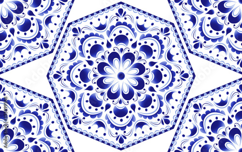 Seamless floral stylized pattern made in the technique of Russian folk art Gzhel.	